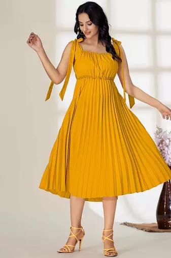 Yellow plain crepe gathered fit & flared midi dress for women
