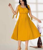 Yellow plain crepe gathered fit & flared midi dress for women