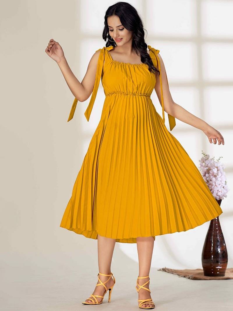Yellow plain crepe gathered fit & flared midi dress for women