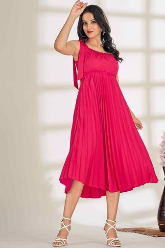 Pink plain crepe gathered fit & flared midi dress for women