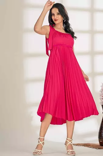 Pink plain crepe gathered fit & flared midi dress for women