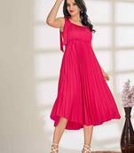 Pink plain crepe gathered fit & flared midi dress for women