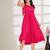 Pink plain crepe gathered fit & flared midi dress for women