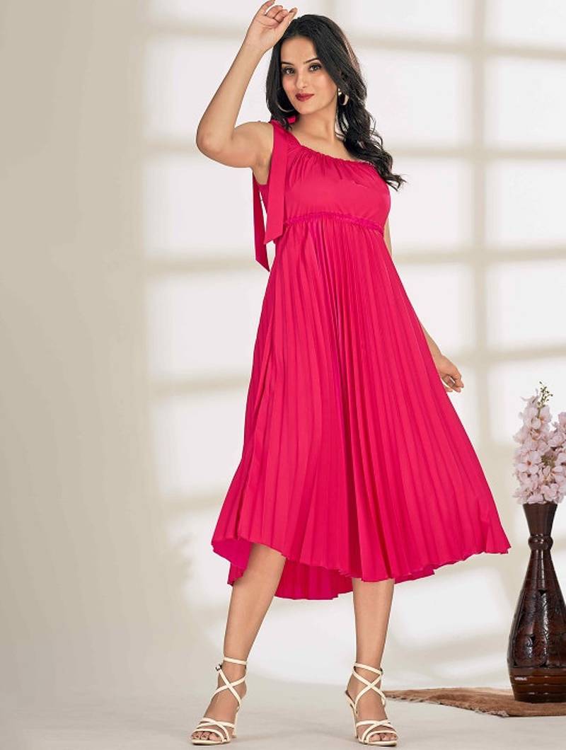 Pink plain crepe gathered fit & flared midi dress for women