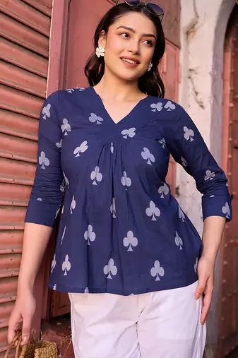 navy blue gathered or pleated a-line regular top