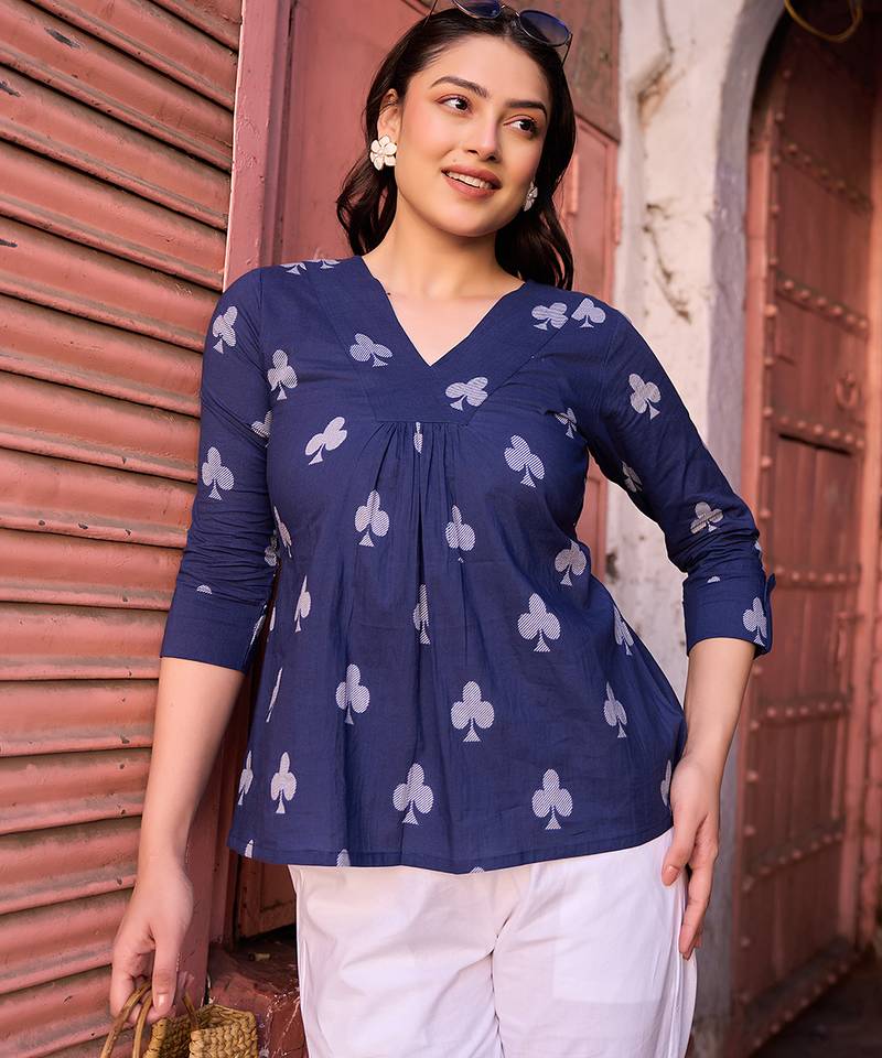 navy blue gathered or pleated a-line regular top