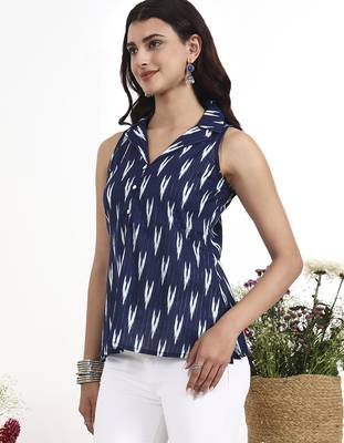 navy blue cotton straight coat collar top 2