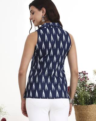 navy blue cotton straight coat collar top 3