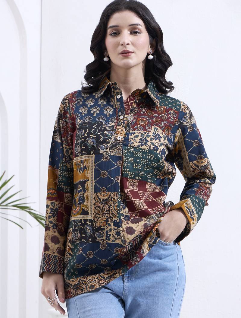 multicolur cotton ethnic motifs shirt