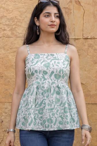 cotton white and gree strappy top
