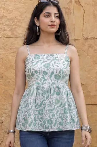 cotton white and gree strappy top