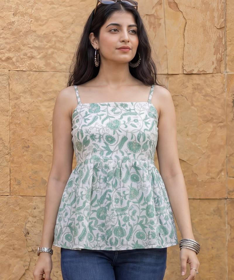 cotton white and gree strappy top