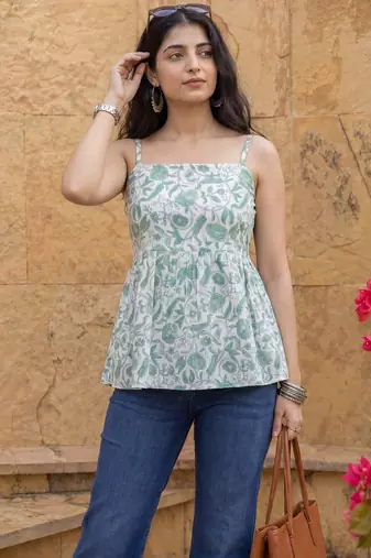 cotton white and gree strappy top