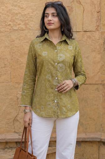 green cotton bhandhej shirt