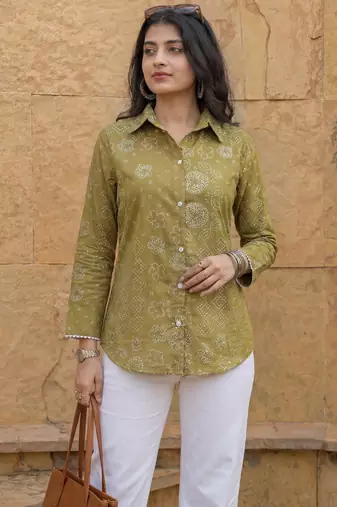green cotton bhandhej shirt