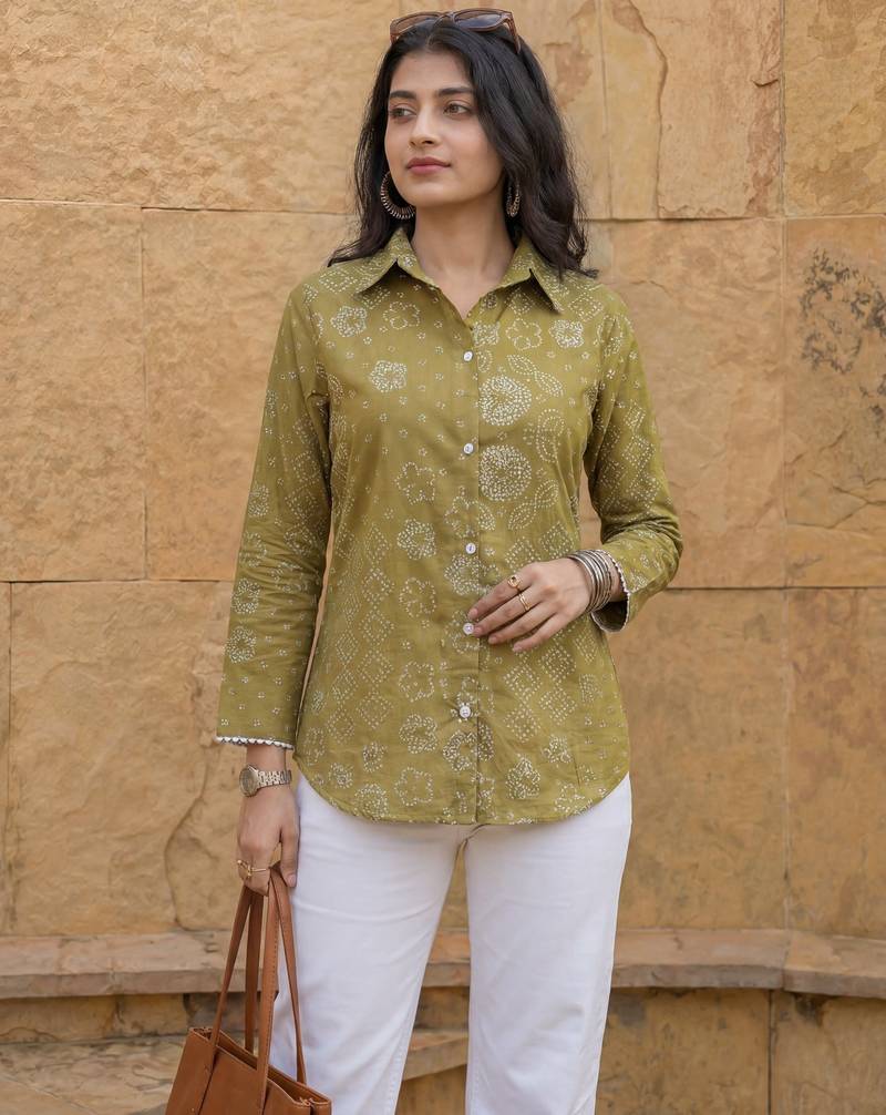 green cotton bhandhej shirt