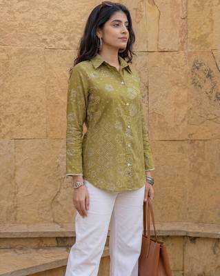 green cotton bhandhej shirt 2