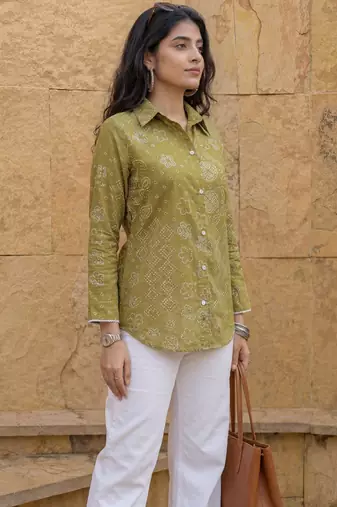 green cotton bhandhej shirt
