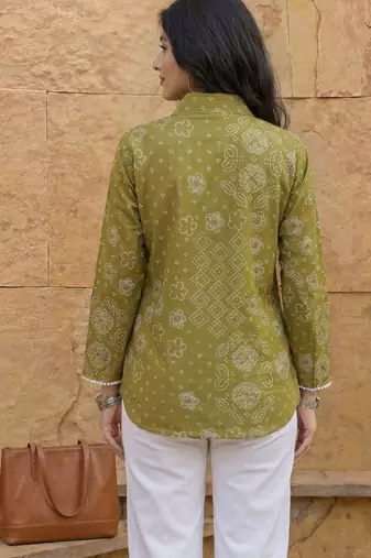 green cotton bhandhej shirt