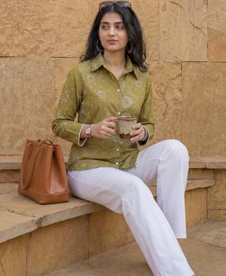 green cotton bhandhej shirt 4