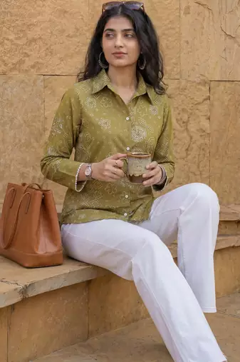 green cotton bhandhej shirt
