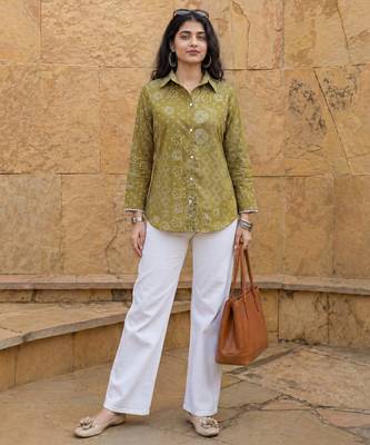 green cotton bhandhej shirt 5
