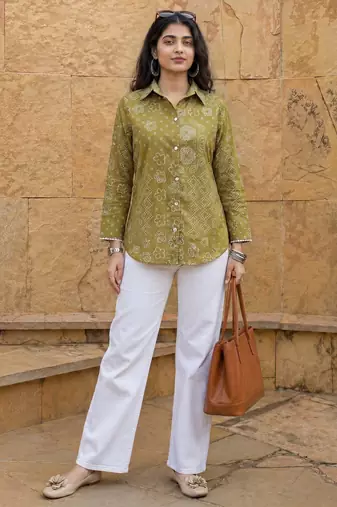 green cotton bhandhej shirt