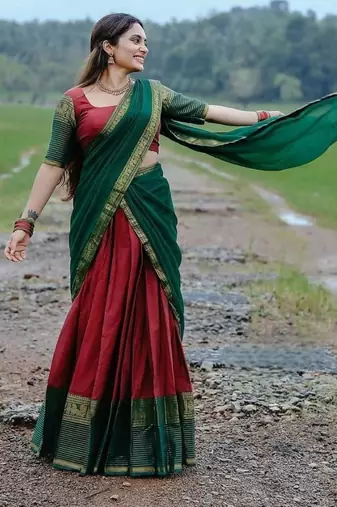 Maroon & Bottle Green Kanci Cotton  blend Half Saree – Traditional Zari Weaving Langa Voni Set For South Indian Style 