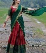 Maroon & Bottle Green Kanci Cotton  blend Half Saree – Traditional Zari Weaving Langa Voni Set For South Indian Style 