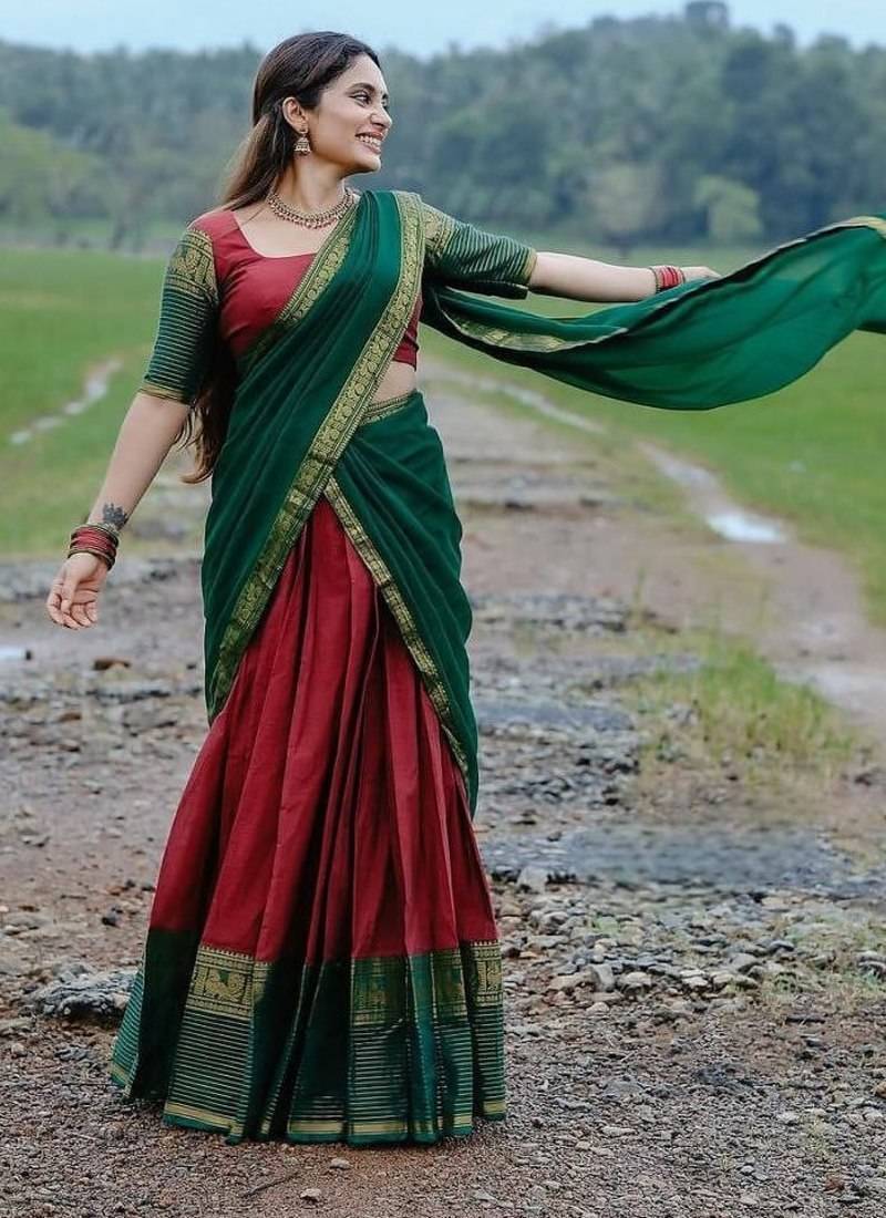 Maroon & Bottle Green Kanci Cotton  blend Half Saree – Traditional Zari Weaving Langa Voni Set For South Indian Style 
