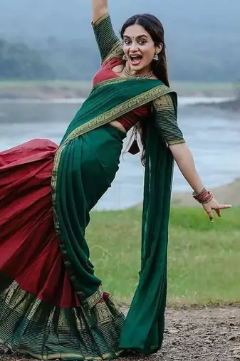 Maroon & Bottle Green Kanci Cotton  blend Half Saree – Traditional Zari Weaving Langa Voni Set For South Indian Style 