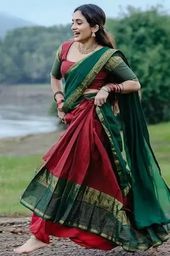 Maroon & Bottle Green Kanci Cotton  blend Half Saree – Traditional Zari Weaving Langa Voni Set For South Indian Style 