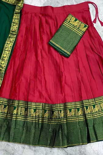 Maroon & Bottle Green Kanci Cotton  blend Half Saree – Traditional Zari Weaving Langa Voni Set For South Indian Style 