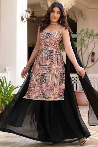 Black ethnic motifs printed silk stitched straight sharara kurta set with dupatta