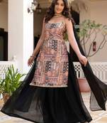 Black ethnic motifs printed silk stitched straight sharara kurta set with dupatta