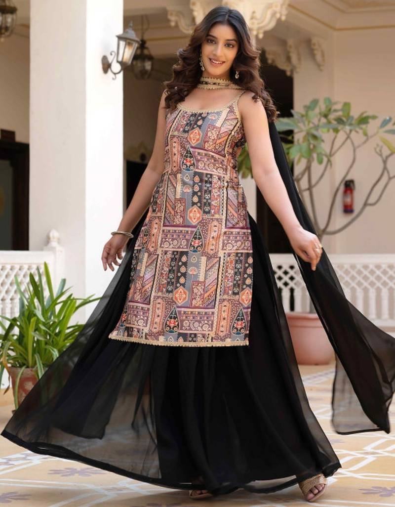 Black ethnic motifs printed silk stitched straight sharara kurta set with dupatta