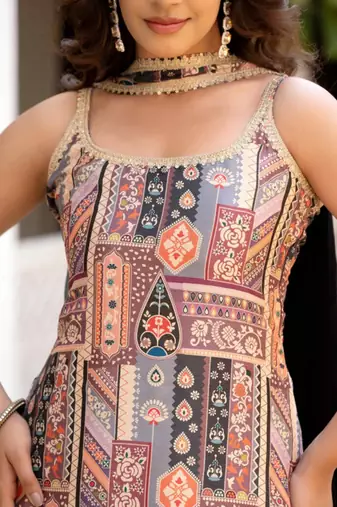 Black ethnic motifs printed silk stitched straight sharara kurta set with dupatta