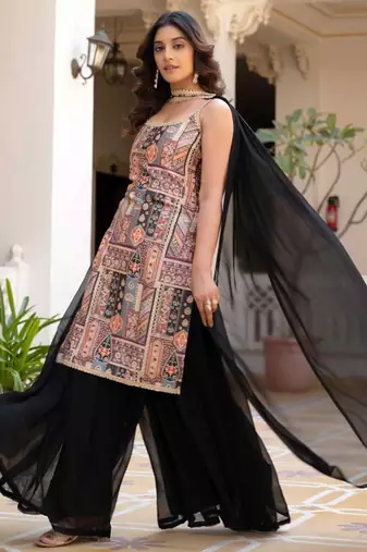 Black ethnic motifs printed silk stitched straight sharara kurta set with dupatta
