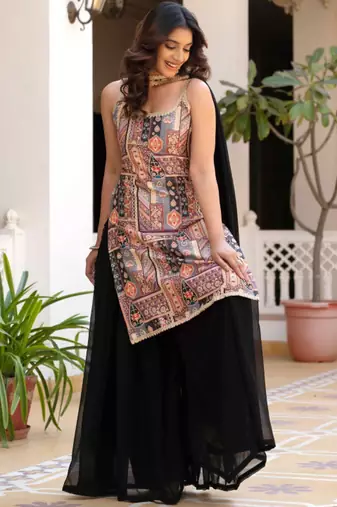 Black ethnic motifs printed silk stitched straight sharara kurta set with dupatta