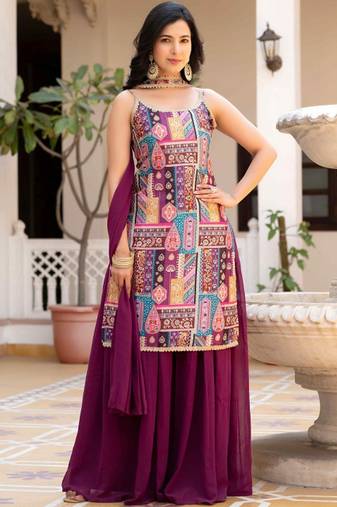 Purple ethnic motifs printed silk stitched straight sharara kurta set with dupatta