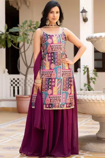 Purple ethnic motifs printed silk stitched straight sharara kurta set with dupatta