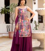 Purple ethnic motifs printed silk stitched straight sharara kurta set with dupatta