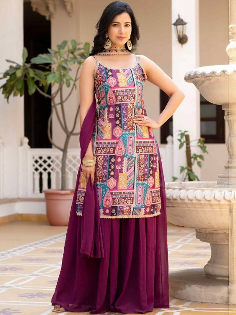 Purple ethnic motifs printed silk stitched straight sharara kurta set with dupatta