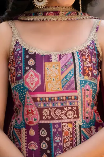 Purple ethnic motifs printed silk stitched straight sharara kurta set with dupatta