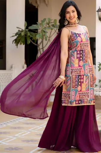 Purple ethnic motifs printed silk stitched straight sharara kurta set with dupatta