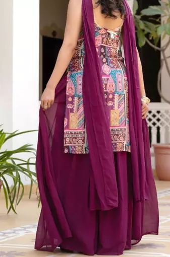Purple ethnic motifs printed silk stitched straight sharara kurta set with dupatta