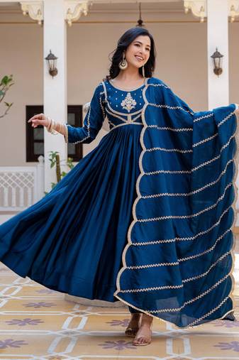 Teal striped embroidered chinon stitched anarkali kurta set with trouser & dupatta