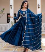 Teal striped embroidered chinon stitched anarkali kurta set with trouser & dupatta