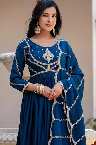 Teal striped embroidered chinon stitched anarkali kurta set with trouser & dupatta