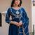 Teal striped embroidered chinon stitched anarkali kurta set with trouser & dupatta
